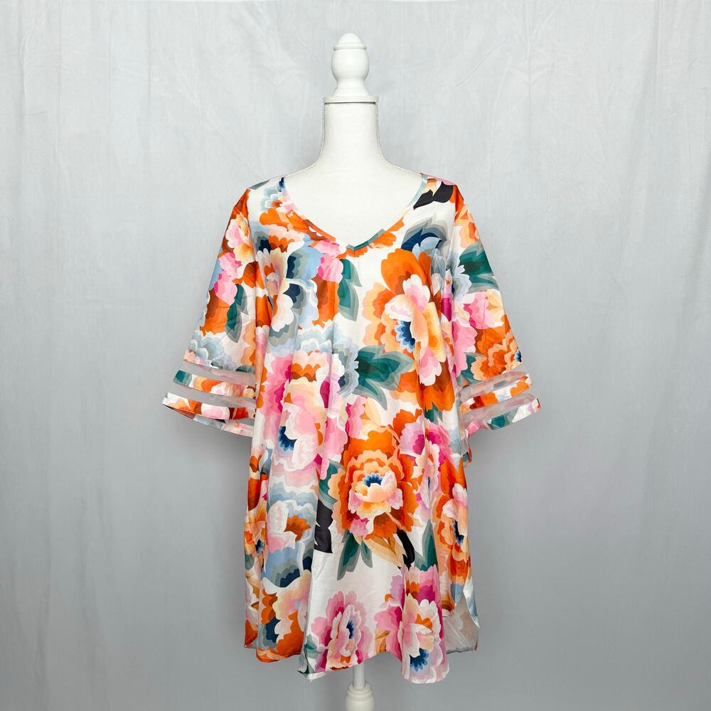 Ekouaer Floral Tunic Dress M Pink Orange Rayon V-Neck Summer Beach Coverup